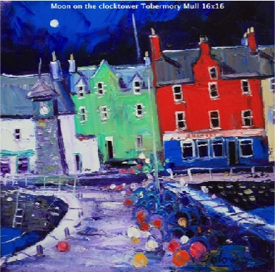 Moon on the clocktower Tobermory Mull 16x16  SOLD